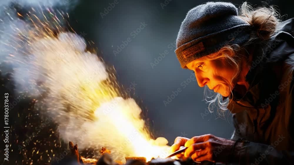 A Close-Up View of a Woman Creating Sparks While Engaged in Fire-Making ...