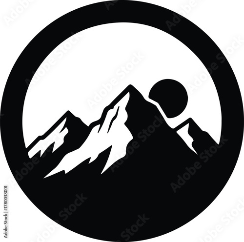 Vector Mountain landscape with sun in a circle silhouette illustration