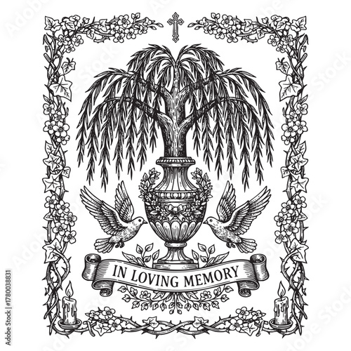 Loving Memory Urn Willow Doves Engraving Vector Illustration