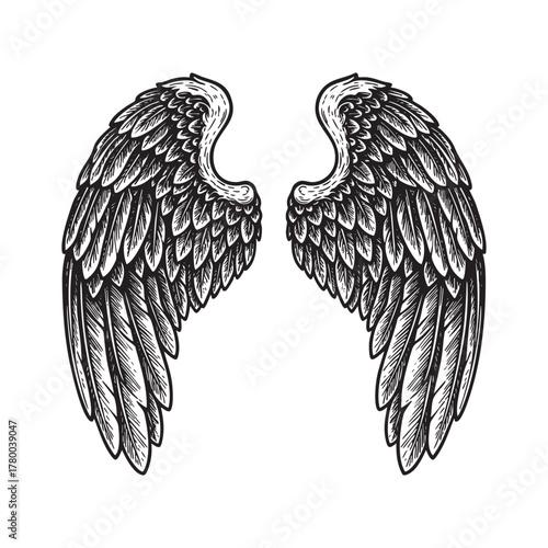 Detailed Angel Wings Engraving Vector Illustration