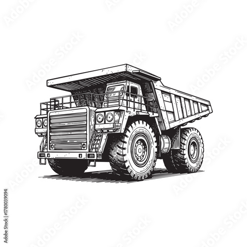 Heavy Duty Mining Dump Truck Engraving Vector Illustration