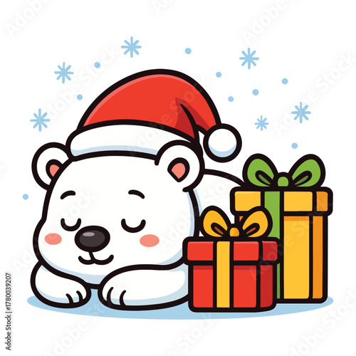 Cute cartoon polar bear sleeping peacefully with festive christmas gifts and falling snowflakes, holiday illustration