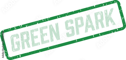 A dynamic green rubber stamp impression featuring the textured words GREEN SPARK for inspiration or innovation