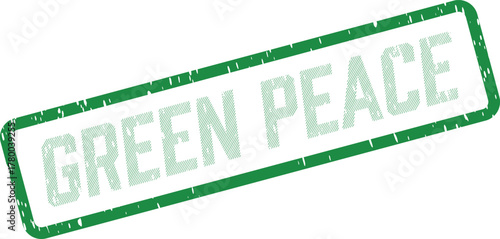 An emphatic green rubber stamp bearing the textured phrase GREEN PEACE representing environmental harmony