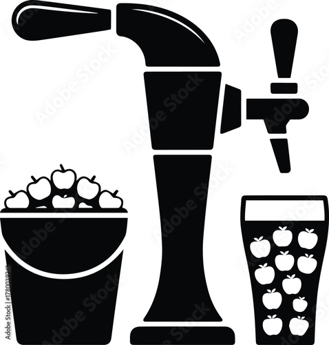 Apple Cider Tap and Glass Silhouette – Black and White Vector of Fresh Juice, Bar, and Brewery Concept