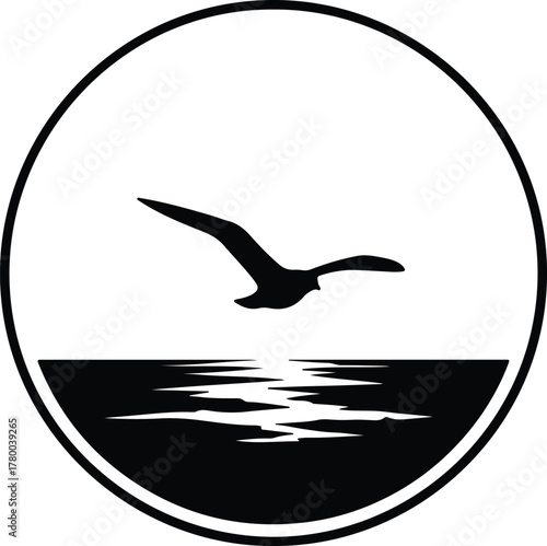 Vector Seagull flying over the sea minimal black silhouette illustration