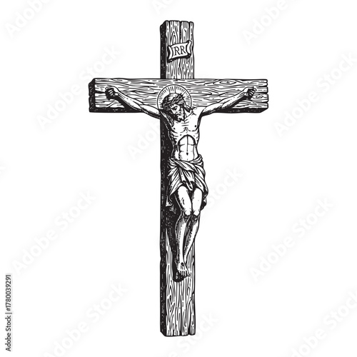 Jesus Christ on Wooden Cross Crucifix Engraving Vector Illustration