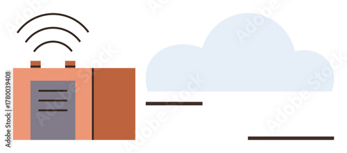 Building server emitting wireless signals, connected to a cloud. Ideal for data storage, technology, internet, network, connectivity, cloud computing, simple flat metaphor