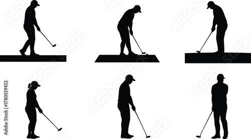 Silhouette golfers practicing putting stance, golf players training posture, putting green illustration, sports technique design, athletic recreation concept, golf swing practice