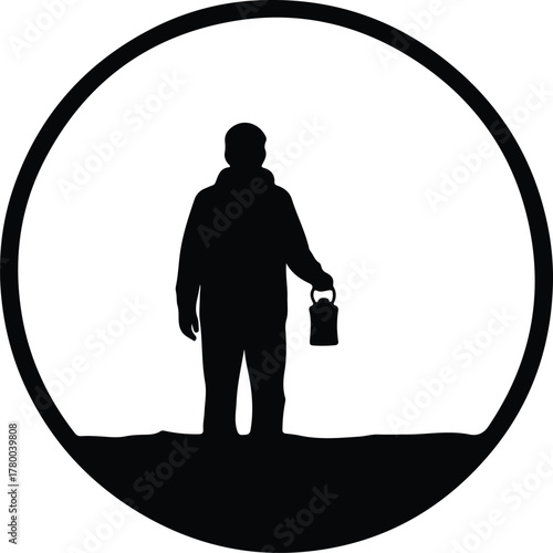 Vector silhouette of hooded man holding lantern in circular frame illustration