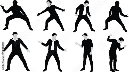 Male silhouette, dynamic pose, expressive gesture, suit figure, casual stance, motion action, body language, black shape, character design, animation reference