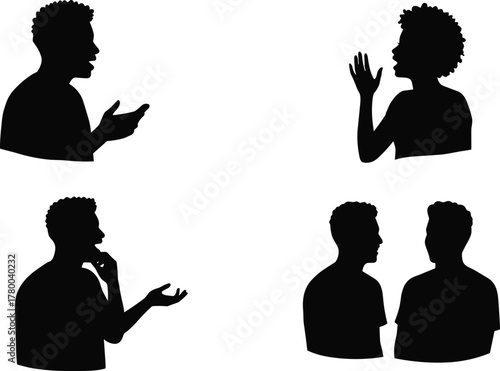 Silhouette people conversation gestures communication body language interaction teamwork discussion talking expressive figures dialogue meeting illustration business cooperation 
