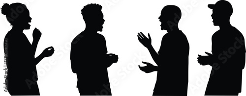Silhouette people conversation, teamwork discussion, group communication, business meeting, social interaction, dialogue exchange, collaboration concept, community engagement, 