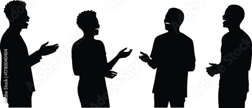 Silhouette people conversation, group discussion, teamwork communication, human interaction, business meeting, social exchange, dialogue gesture, collaboration concept, talking figures, 