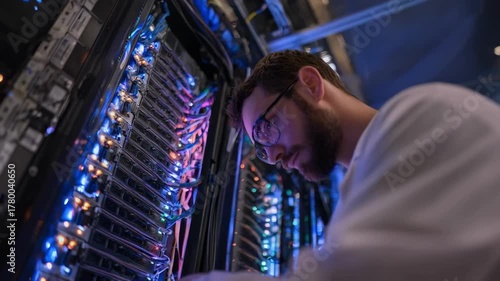 Medium shot of a technician monitoring redundant cloud servers emphasizing high availability and faulttolerant data protection in a secure data center environment.