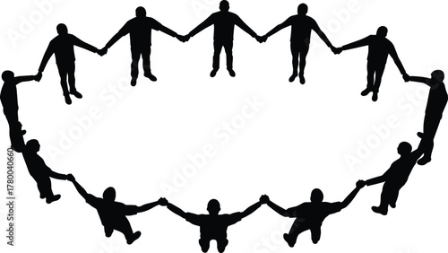 Silhouette people holding hands in circle, teamwork unity cooperation community support, human connection solidarity partnership friendship diversity togetherness, 