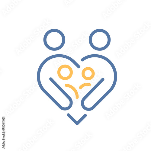 Parents and children in heart shape. Vector thin line illustration. Editable stroke.