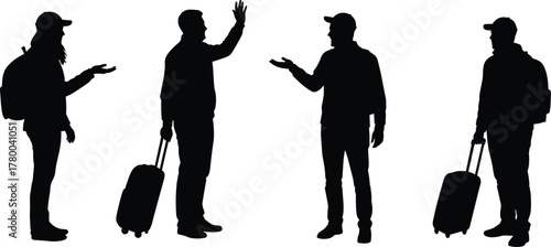 Silhouette travelers with backpacks and rolling suitcases at airport terminal, group of people waving, journey, tourism, friendship, luggage, departure, arrival, international travel scene