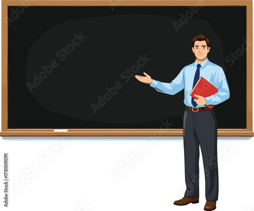 Male teacher pointing at blackboard, classroom education, school lecture, learning presentation, professional instructor, teaching concept, academic training, educational background, student learning