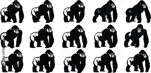 A captivating illustration showcasing a recurring pattern of a black gorilla with white accents walking from left to right against a white backdrop, creating a sense of motion and rhythm