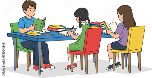 Children reading and writing at table, cartoon learning scene, educational activity, books, pencil, study time, school kids, literacy, fun