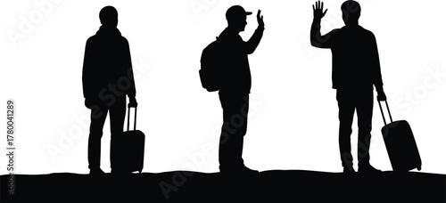 Silhouette travelers with luggage waving goodbye at airport terminal, people with suitcases, travel departure scene, emotional farewell, journey, 