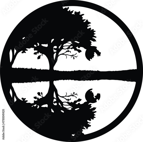 Vector tree reflection in water with moon within circle silhouette illustration