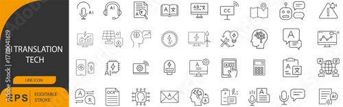  AI Translation Technology and Modern Language Learning Line Icon Set