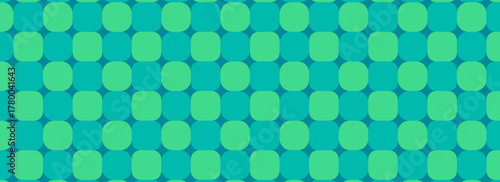 Abstract geometric seamless pattern design with green and blue circles, squares on a blue background. Perfect for design modern digital, wallpaper graphics, or fabric and print media.Eps10
