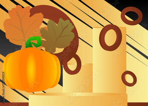 Mockup product display with Thanksgiving Autumn leaf and Pumpkin. Vector cylinder pedestal podium. Stage showcase for presentation. Minimal geometric forms.