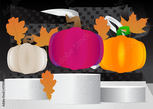 Mockup product display with Thanksgiving Autumn leaf and Pumpkin. Vector cylinder pedestal podium. Stage showcase for presentation. Minimal geometric forms.