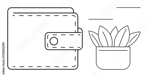 Wallet with strap closure next to a potted plant with pointed leaves. Ideal for finance, saving, investment, sustainability, eco-living, budgeting, minimalism. Simple flat metaphor