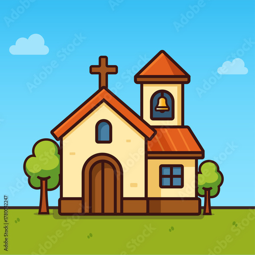 ute church building flat vector illustration with bell tower and cross