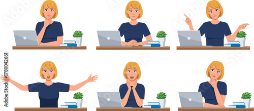 Office worker illustration, emotional expressions, laptop desk scene, thinking pose, confused gesture, explaining posture, studying moment, cartoon character, workspace
