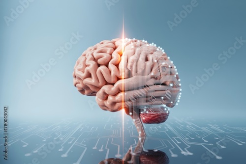 Human brain with digital circuit board and data streams