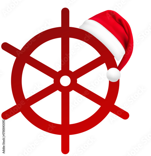 Red Christmas Ship Wheel Icon with a Santa Hat for Holiday Cruise Travel
