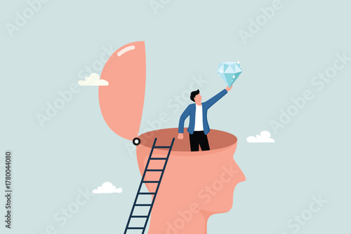 Self-discovery, finding oneself in search of self-worth, dreams of success or the meaning of life, exploration, happy businessmen succeed in finding precious diamonds inside their heads.