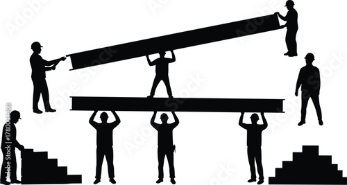 Construction workers silhouettes teamwork lifting heavy beam, building site laborers collaboration, industrial workforce safety helmets, architecture engineering teamwork effort,