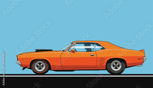 Bold orange muscle car illustration with retro design elements evokes classic Americana and vintage automotive style