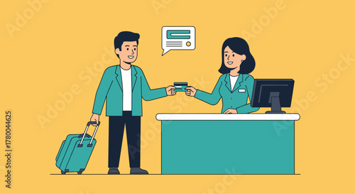 Traveler checks into hotel with credit card, enjoying seamless service and modern convenience for a relaxing vacation