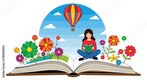 Enter a world of imagination with stories and adventures unfolding from a book, balloons and flowers creating magic