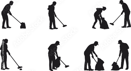 Silhouette workers cleaning floor, vacuuming, mopping, polishing, teamwork with trash bags, janitorial staff, housekeeping service, sanitation, hygiene, maintenance, custodial duties, 