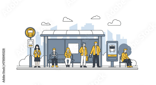 Diverse commuters waiting patiently at modern bus stop with city skyline backdrop on a bright day, perfect for transit ads