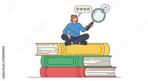 Girl studying customer feedback ratings on books using a magnifier for quality assurance and improved user experience