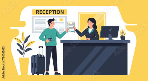 Welcoming hotel receptionist assisting traveler with credit card and luggage at modern reception desk in trendy boutique hotel