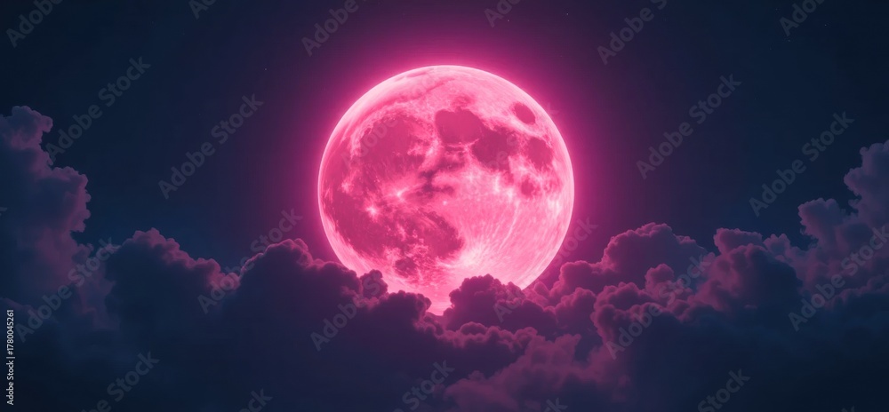 Fototapeta premium A stunning pink moon rises above soft clouds, creating a magical night sky atmosphere.