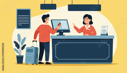 Hotel guest checks in with card at front desk as friendly receptionist greets him with professional service