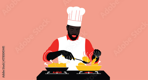 Professional chef cooking delicious chicken for dinner in modern kitchen atmosphere with warm lighting and vibrant colors