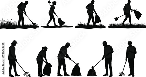 Silhouette people cleaning outdoors and indoors, workers sweeping, mopping, collecting trash, sanitation teamwork, hygiene maintenance, community service, household chores, 