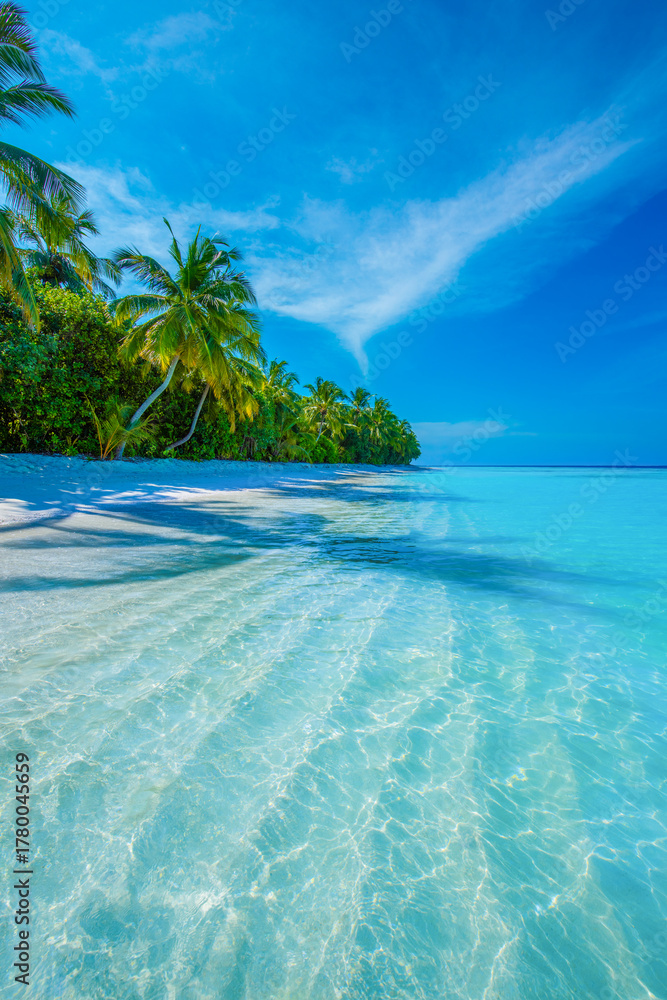 Fototapeta premium Tropical island beach landscape exotic shore coast. Tranquil closeup calm sea water waves with palm trees. Beautiful Panorama. Summer vacation, holiday amazing nature. Relax paradise, Maldives.